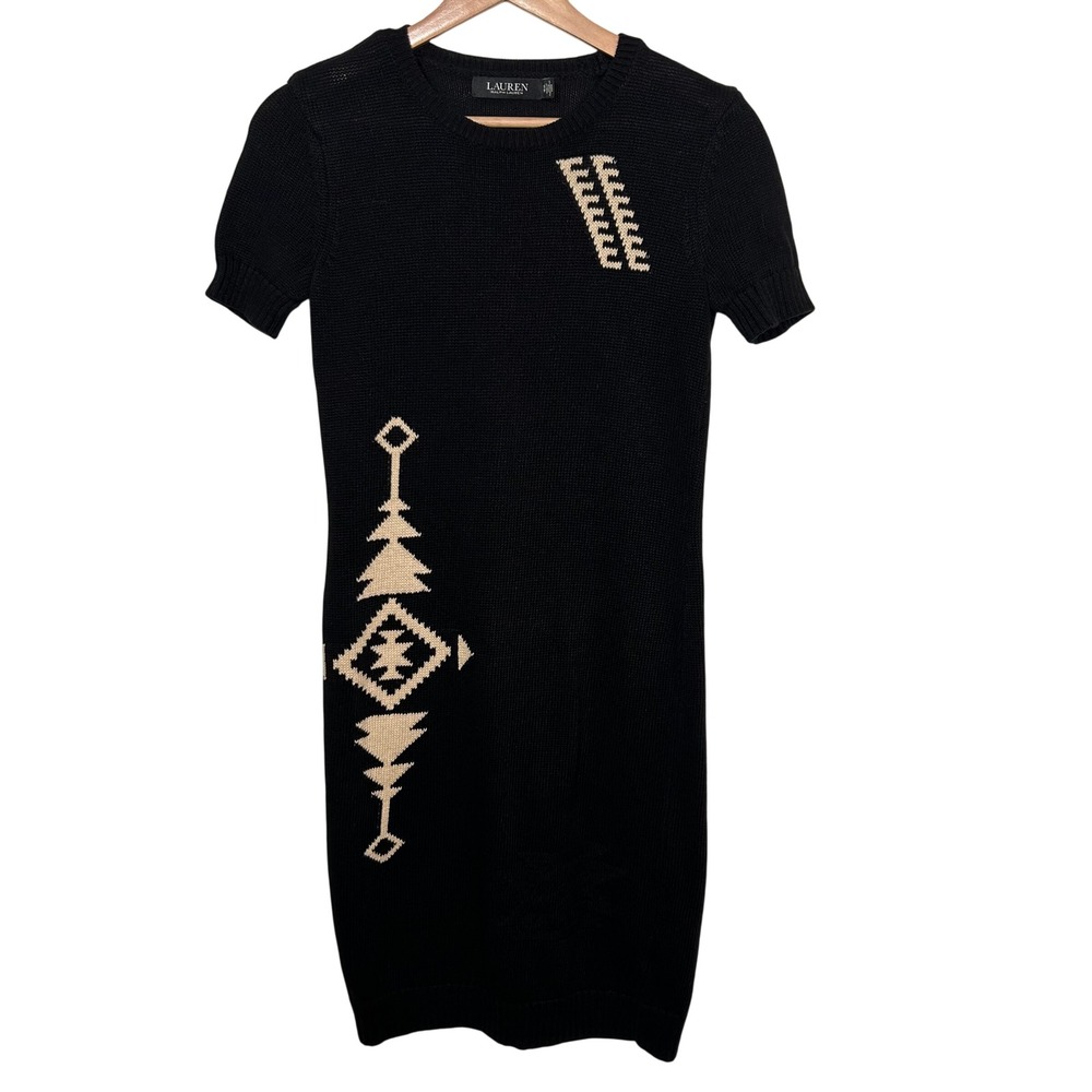 Lauren Ralph Lauren Sweater Dress Women XS Black Southwestern Intarsia Knit‎